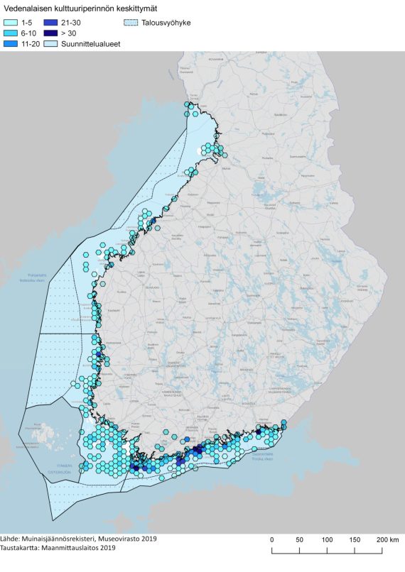 Vedenalaisen kulttuuriperinnön keskittymät kartalla