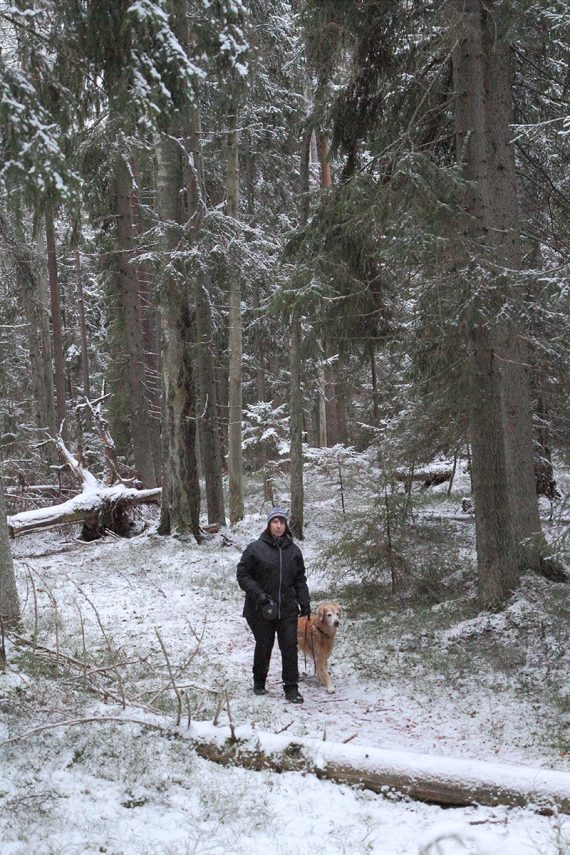 Terhi Aho metsässä koiran kanssa.